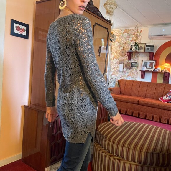 Y2K LAYERING Grey crochet knitted tunic long sleeve sweater - Picture 2 of 13